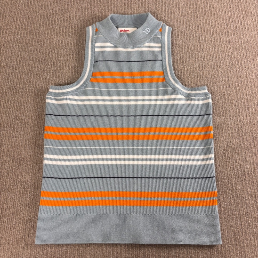 Wilson Womens Striped Mock Neck Sleeveless Ribbed Knit Top Blue Orange Small